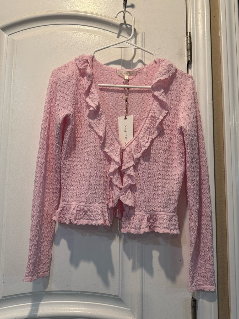 NWT LoveShackFancy Pale Pink Ruffle Knit Cardigan size XS